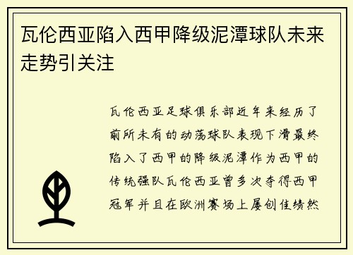 瓦伦西亚陷入西甲降级泥潭球队未来走势引关注 瓦伦西亚陷入西甲降级泥潭球队未来走势引关注